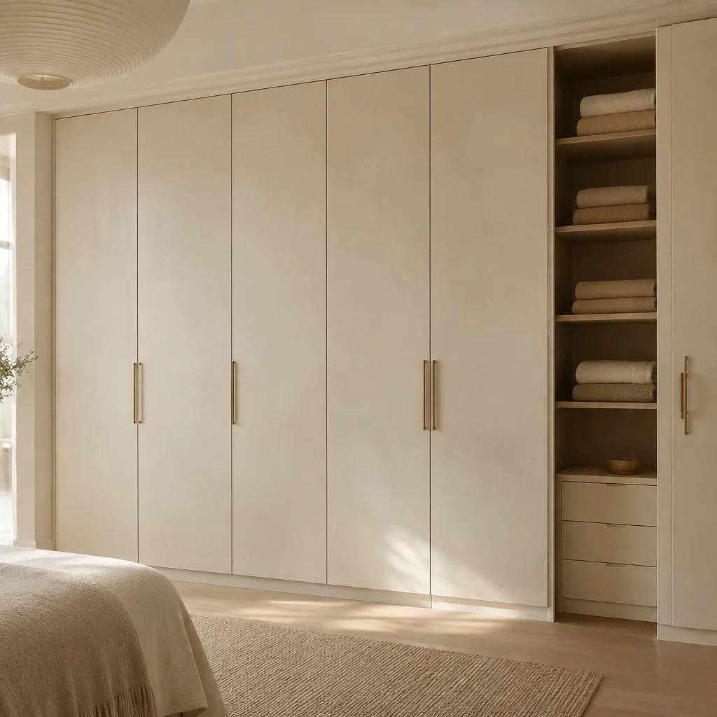 Full-height custom wardrobe wall in cream with brass handles