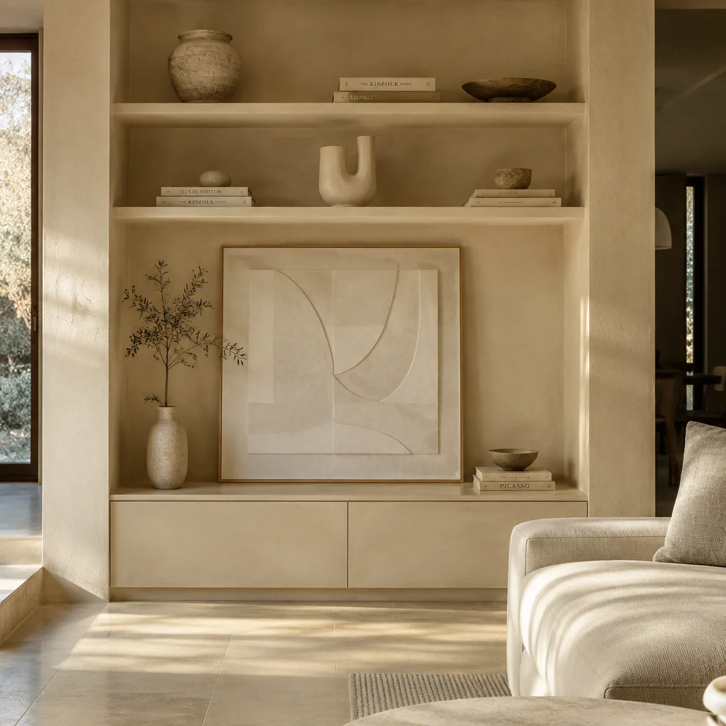 Built-in shelving niche with artwork and closed base drawers