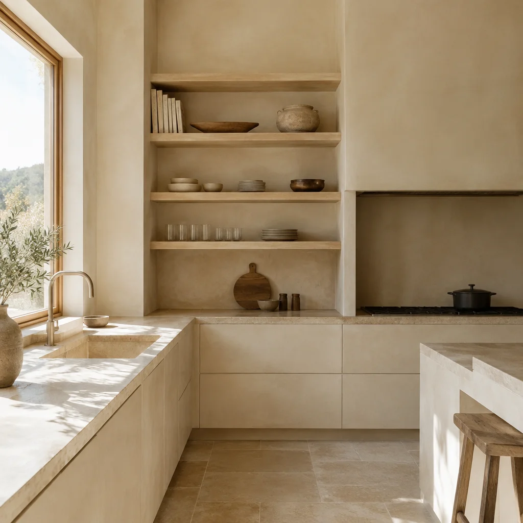 Built-in kitchen in warm plaster with open oak shelving